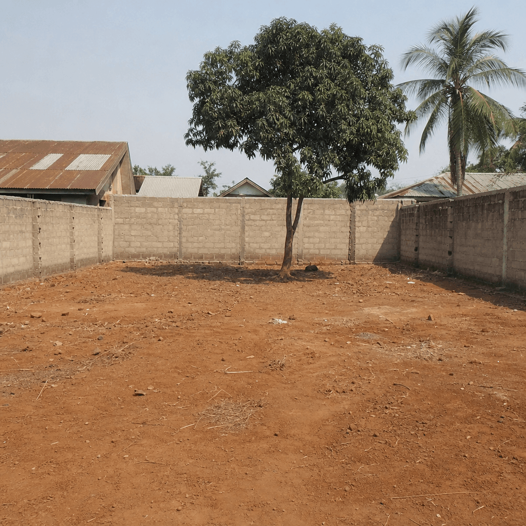 Parcelle close en terre latéritique au Bas-Congo, mur de blocs inachevé et toitures voisines.